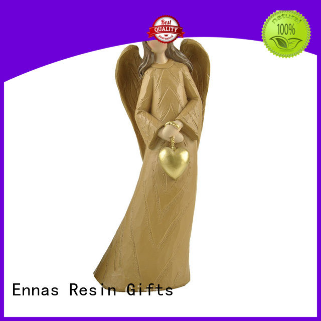 Holding Heart Wood Textured Resin Angel Figure Statues