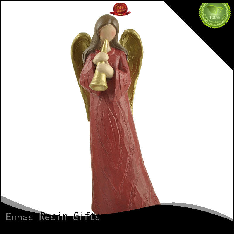 Christmas Red Playing Trumpet Wood Textured Resin Angel