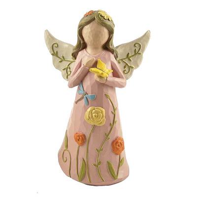 Hand Carved Polyresin Butterfly Pink Cloth Angel Statue with Wings
