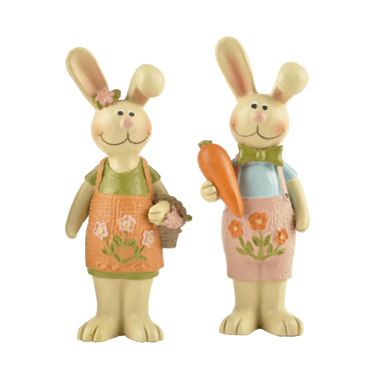 S/2 Cute Resin Easter Gift Statues Couple Rabbit with Carrot and Flower Basket