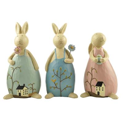 Wood-carved Resin Rabbit Sculpture Garden Decor Bunny Easter Figurine with Flower and Egg