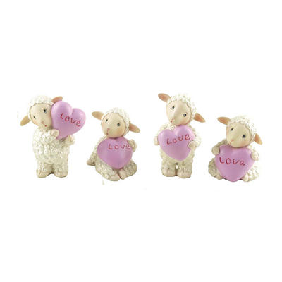 New Design S/4 Cute Sheep Statues with Pink Heart Resin Animal Crafts