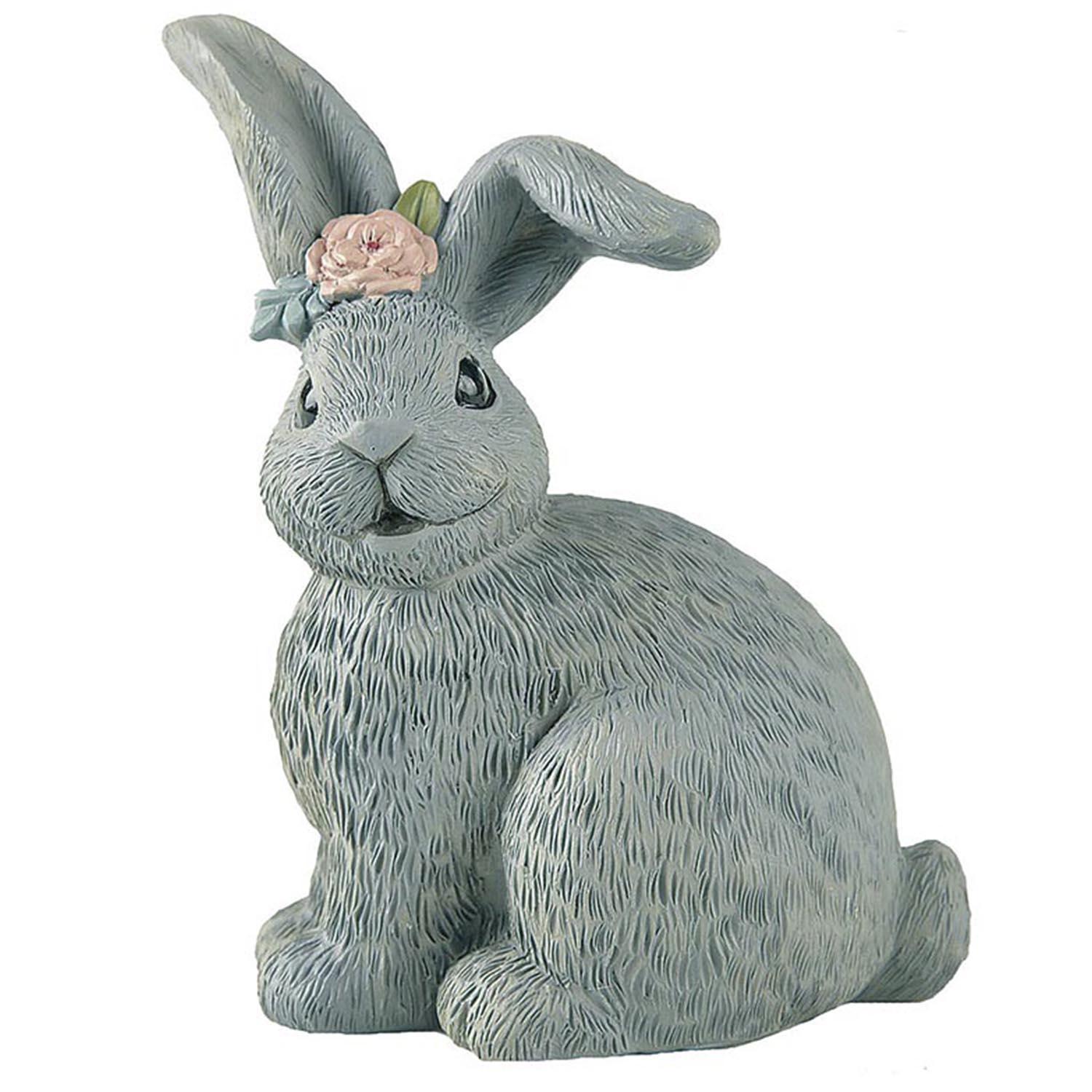 Custom New Design Rabbit Statue Grey Bunny with Flowers Figurines Hand-Painted Resin Crafts 211-13256