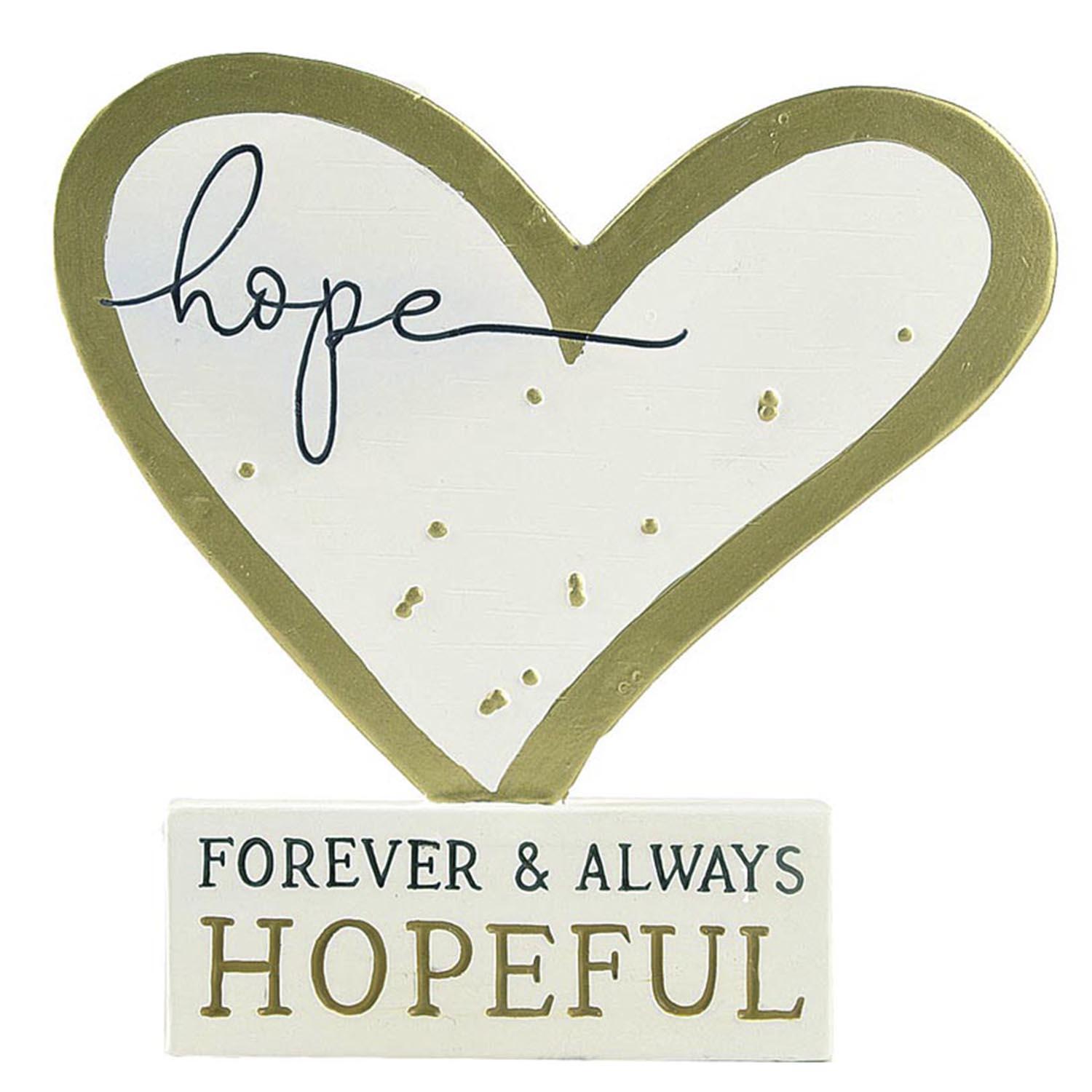 New Arrival 4.13”H ‘hope FOREVER & ALWAYS HOPEFUL’ Resin Letter Block Heart Shape with Golden Rim Plaque  211-12955