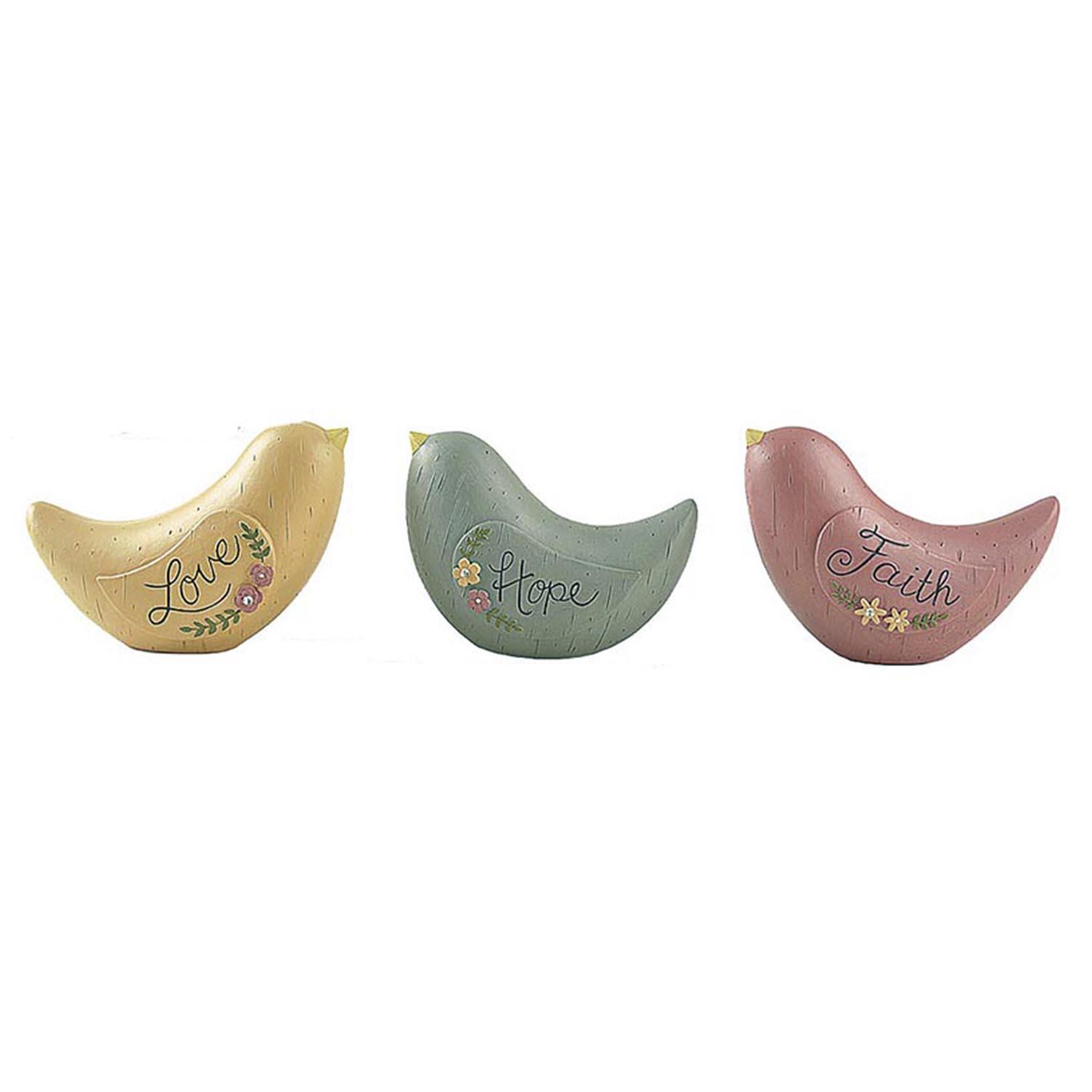 Spring New Design Set of ‘Love’  ’Hope’  ’Faith’ Cute Resin Birds in Color Yellow  Green and Pink Size L4.21” x W1.89” x H2.99” 211-13035