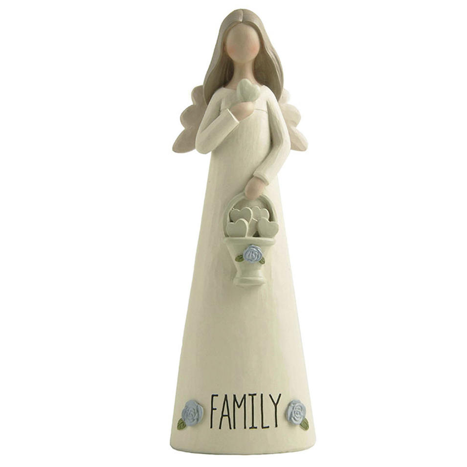 Hot Sale H 7.28” ‘FAMILY’ Cream Color Resin Angel with heart and Little Blue Flowers 2166-13278