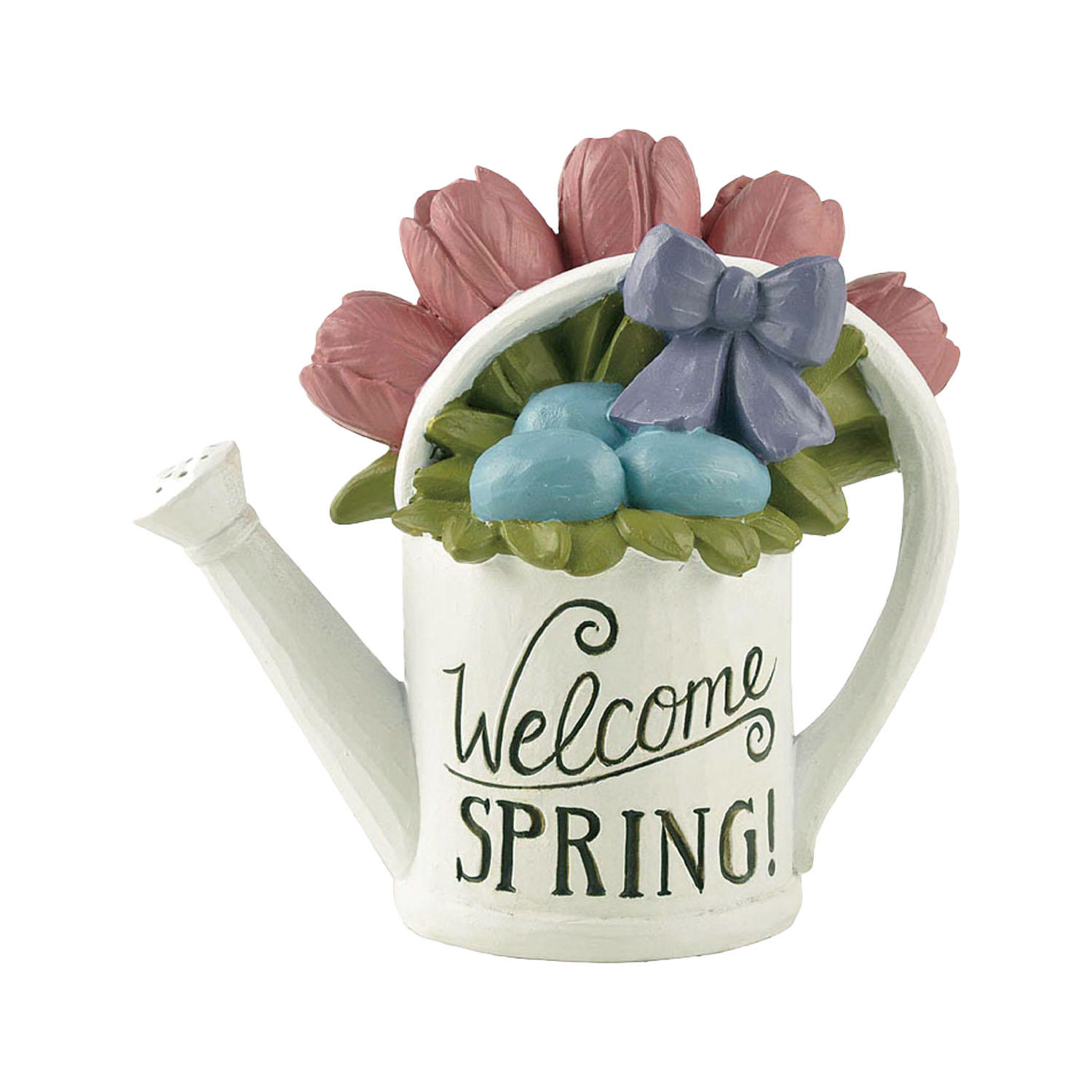 ‘Welcome SPRING’ Beautiful Flowers Watering Pot Resin Ornaments  211-12939