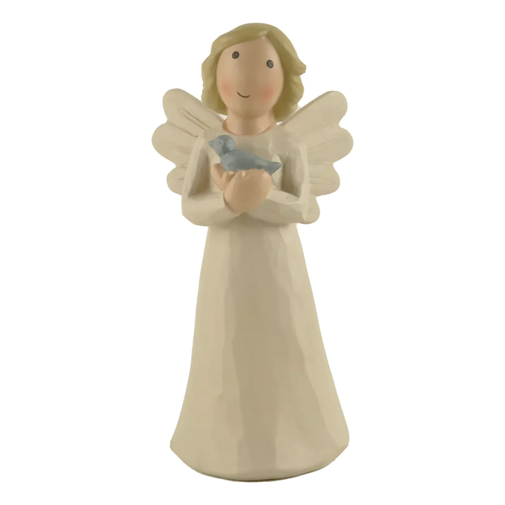 Hot sales Cute Angel with Tiny Bird New Design Custom Cream Angel Statue for Home Decoration H 5.87” PH15814