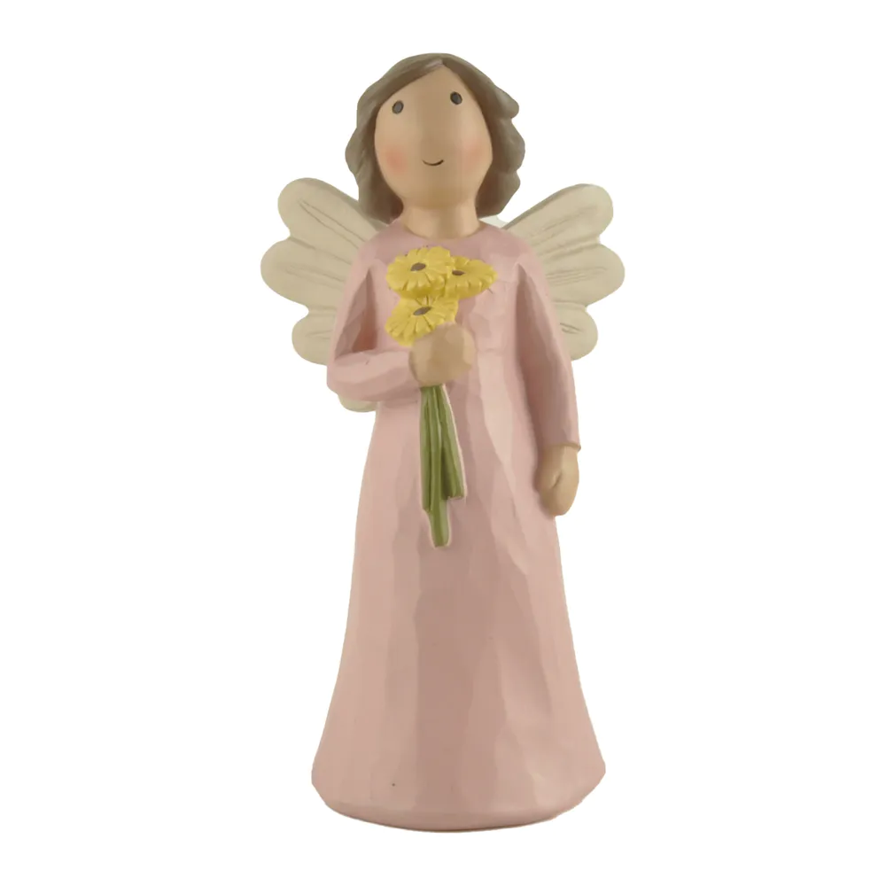 Custom Hand-Painted Angel with Yellow Flower New Design Cute Pink Angel Statue for Table Decor H 5.87” PH15815