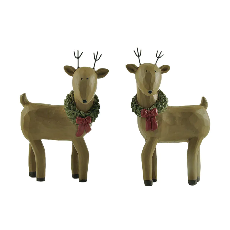 Handmade Set 2 X'mas Reindeer Sculpture Resin Hand-painted for Christmas Day Decoration for Family Friends and Married Couples218-13315