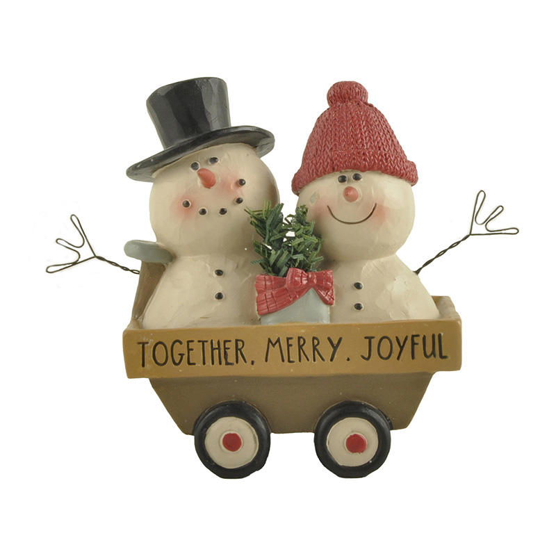 Customization New Design Resin Craft Cute Snowman “Two snowmen on the wood wagon