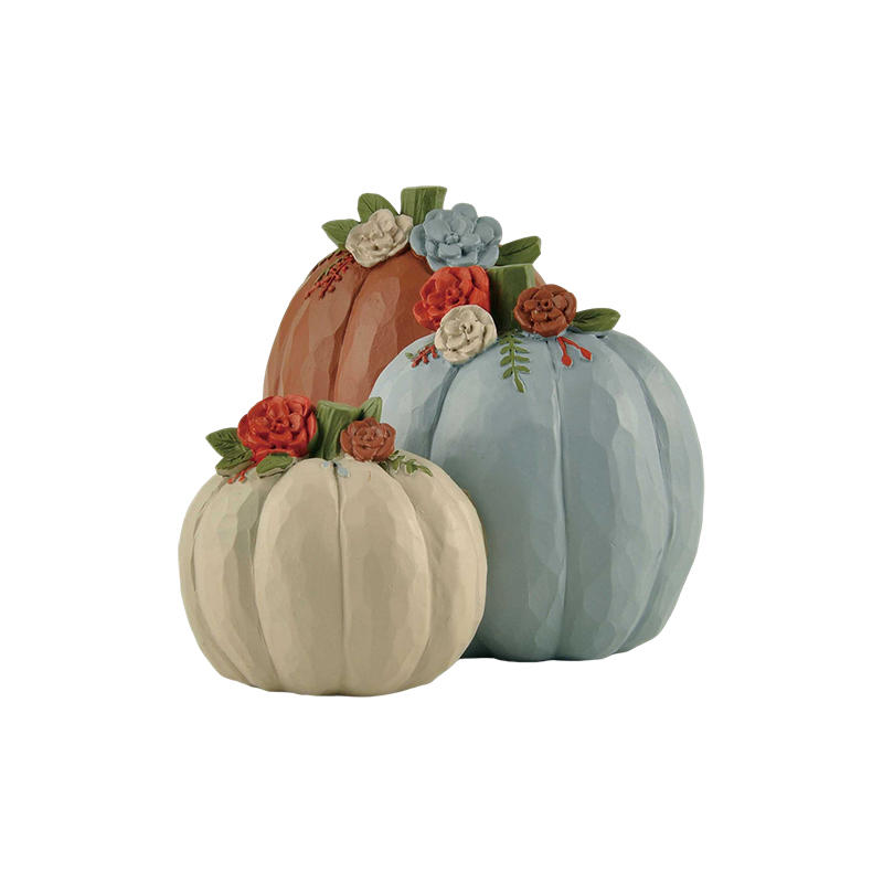 Factory Direct Supply fall decorations——Three pumpkins w/flowers 3.94'' Tall.