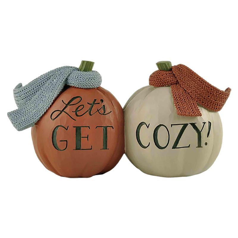 Factory Direct Supply fall decorations, Two pumpkins with scarves-Let's GET COZY! 3.54'' Tall, Tabletop Decorations.226-13476