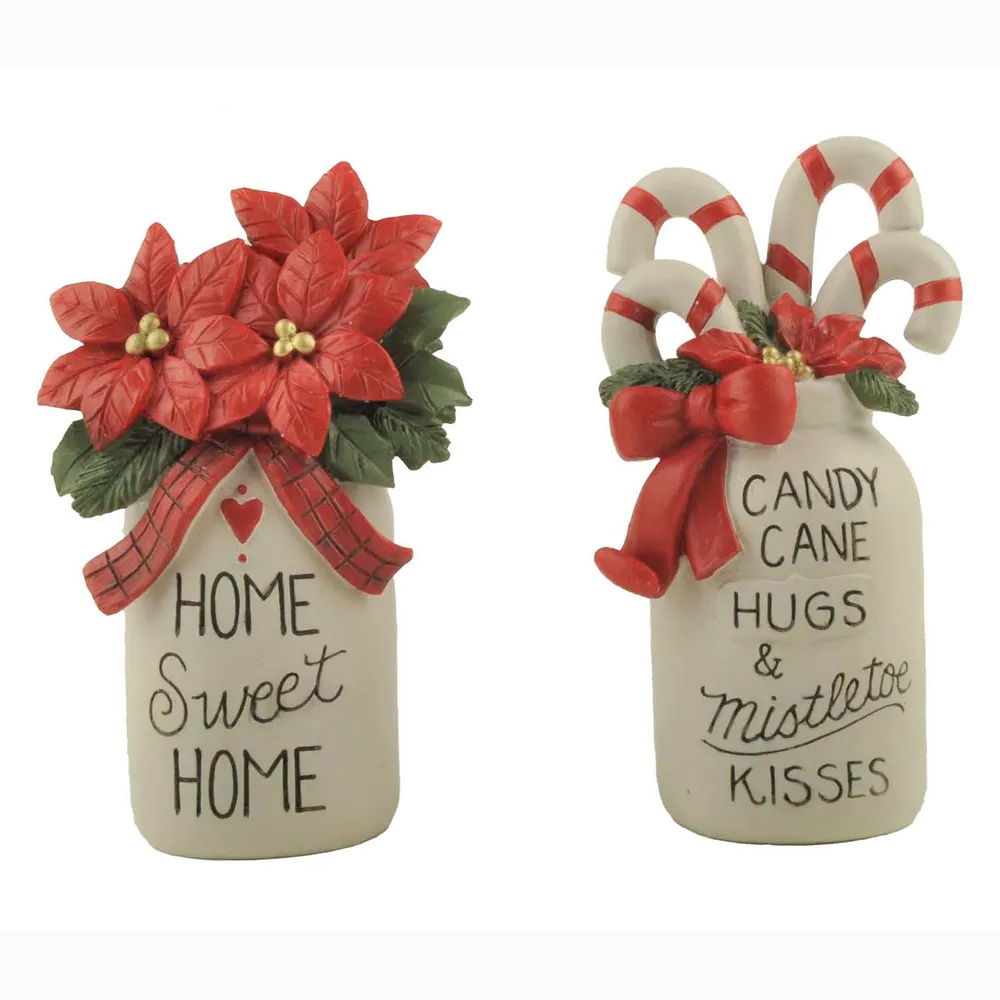 S/2 Christmas Decorations Indoor Crocks with Candy Canes & Red Poinsettia Artificial Flowers Resin Ornaments for Xmas Home Decor228-13483