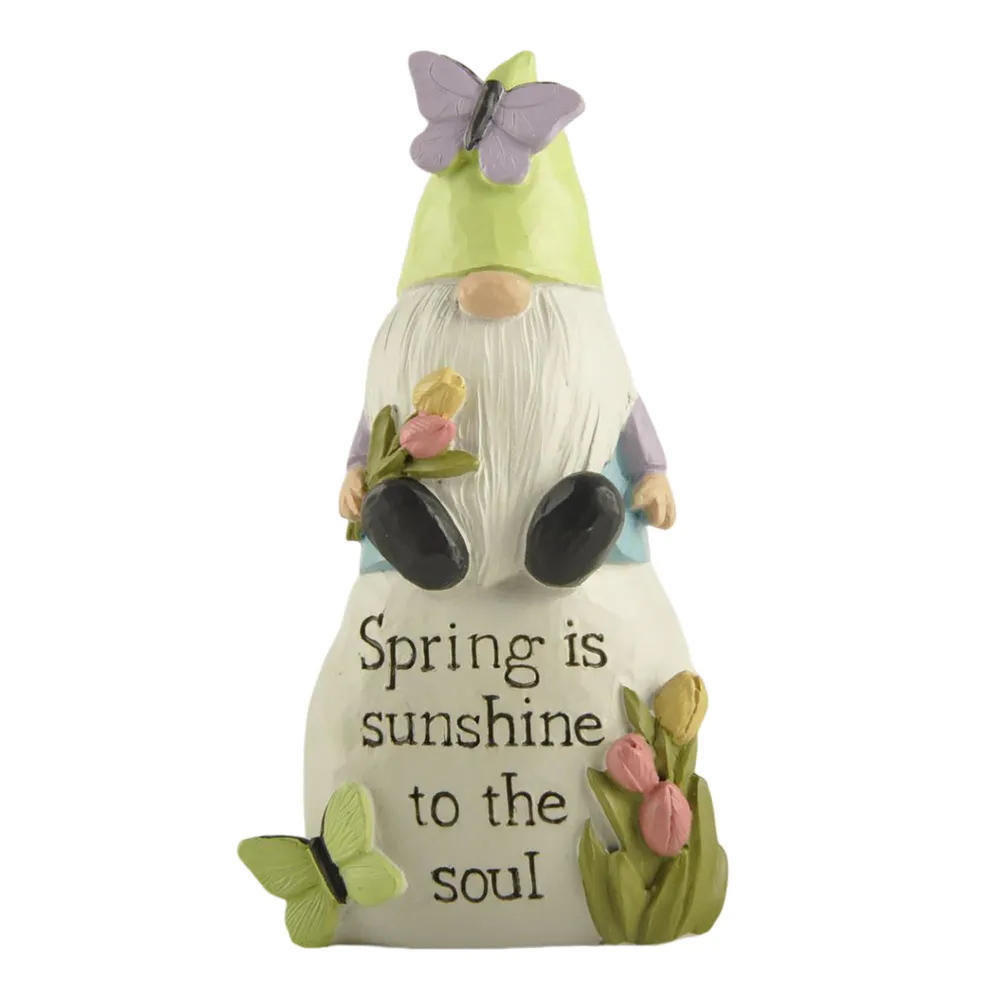 Spring Resin Sculptures Gifts Garden Gnome With Green Hat Sitting on Stone Spring Gnomes for Garden Decor231-13680