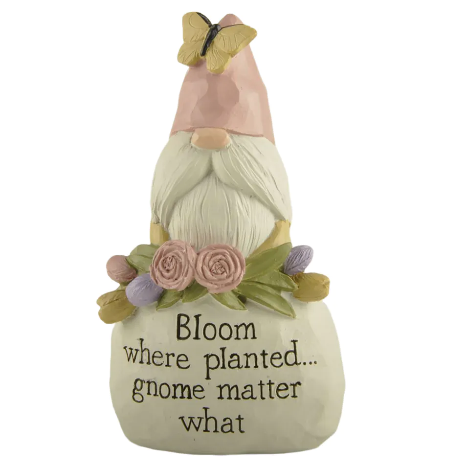 Wholesale Resin Crafts Garden Gnome With Pink Hat Sitting on Stone Spring Flower Gnome231-13681