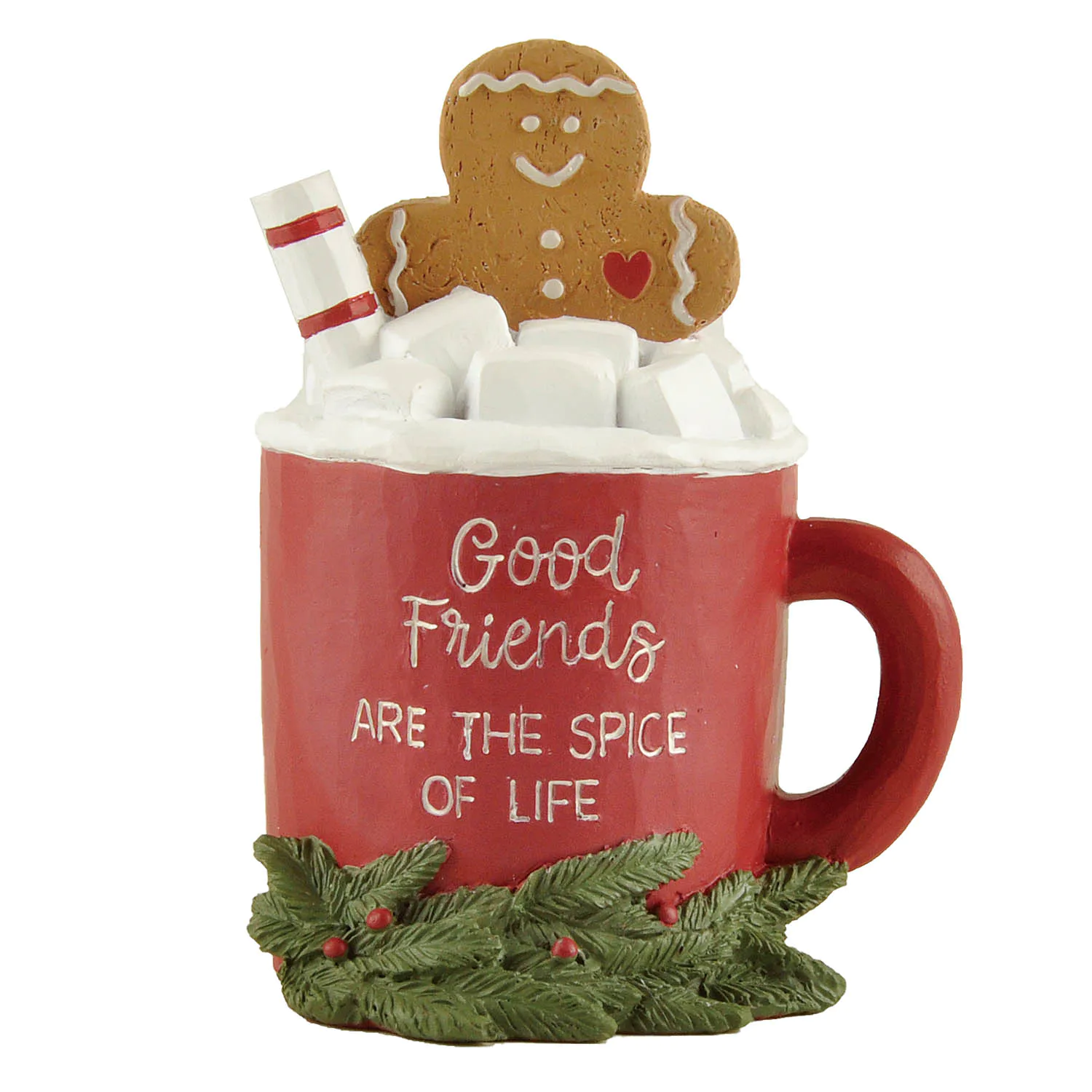 New Design Resin Christmas Crafts Cute Gingerbread Cookie in Red Mug w Christmas Greens for Home Decor 238-13742