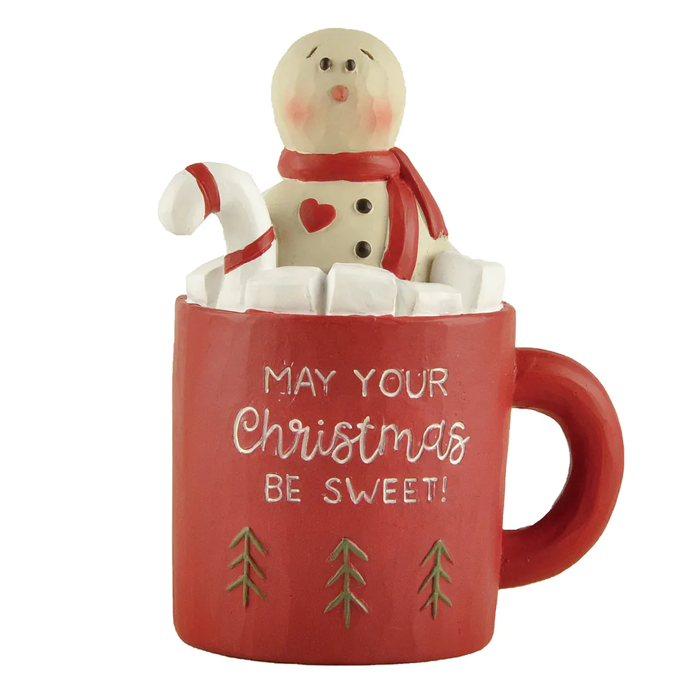 Exquisite Handmade Resin Christmas Crafts Sweet Snowman in Red Mug w Candy Cane for Home Decor 238-13744