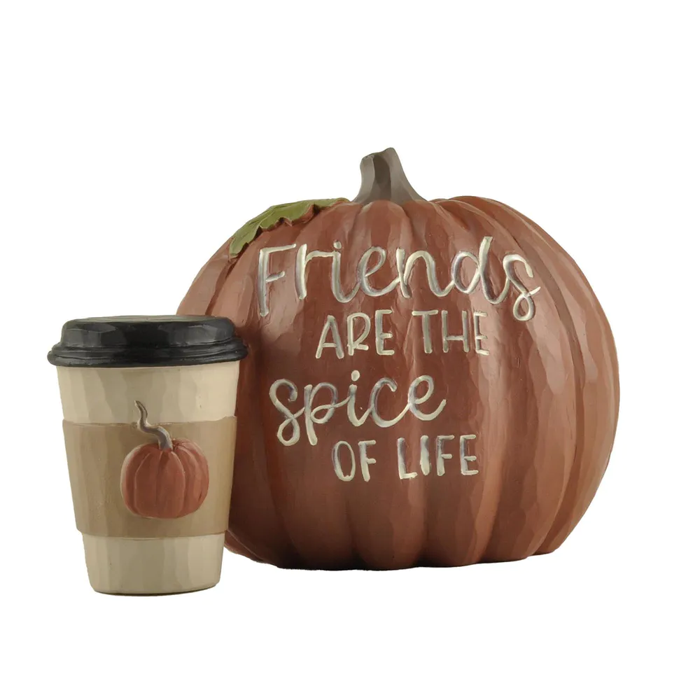 2024 New Arrival Fall Season Handmade Resin Crafts PUMPKIN W/COFFEE CUP-FRIENDS ARE THE SPICE OF LIFE236-13757