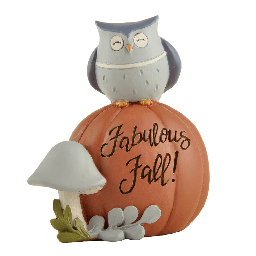 Autumnal Elegance: Whimsical Owl Perched on Engraved 'Fabulous Fall' Pumpkin - Charming Seasonal Decor Figurine for Home and Festive Occasions236-13844