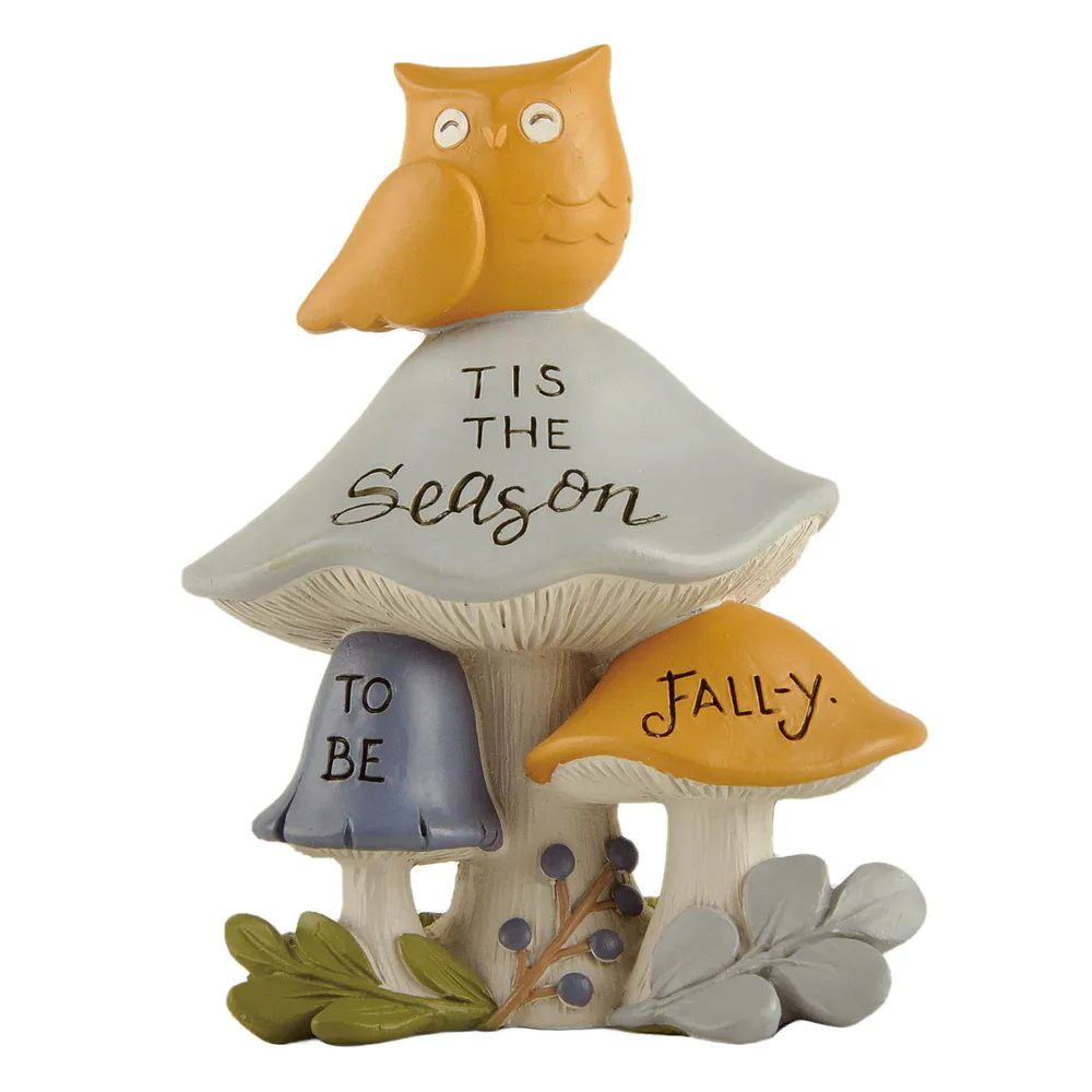 Cozy Fall Decor - 'Tis the Season to be Jolly' Owl and Mushroom Resin Figurine for Home Ambiance236-13845