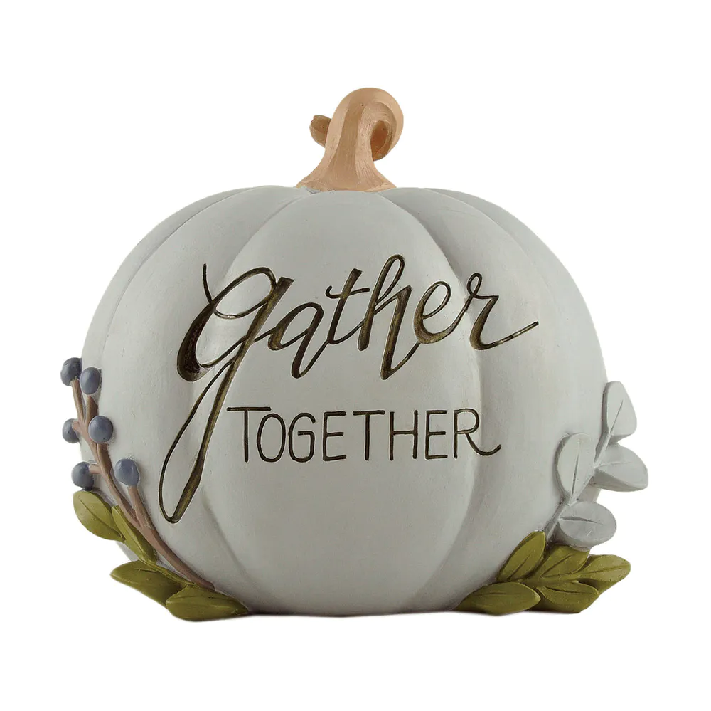 Harvest Elegance - 'Gather Together' Scripted White Pumpkin Resin Decor, Ideal for Thanksgiving Centerpieces and Festive Home Accents236-13847