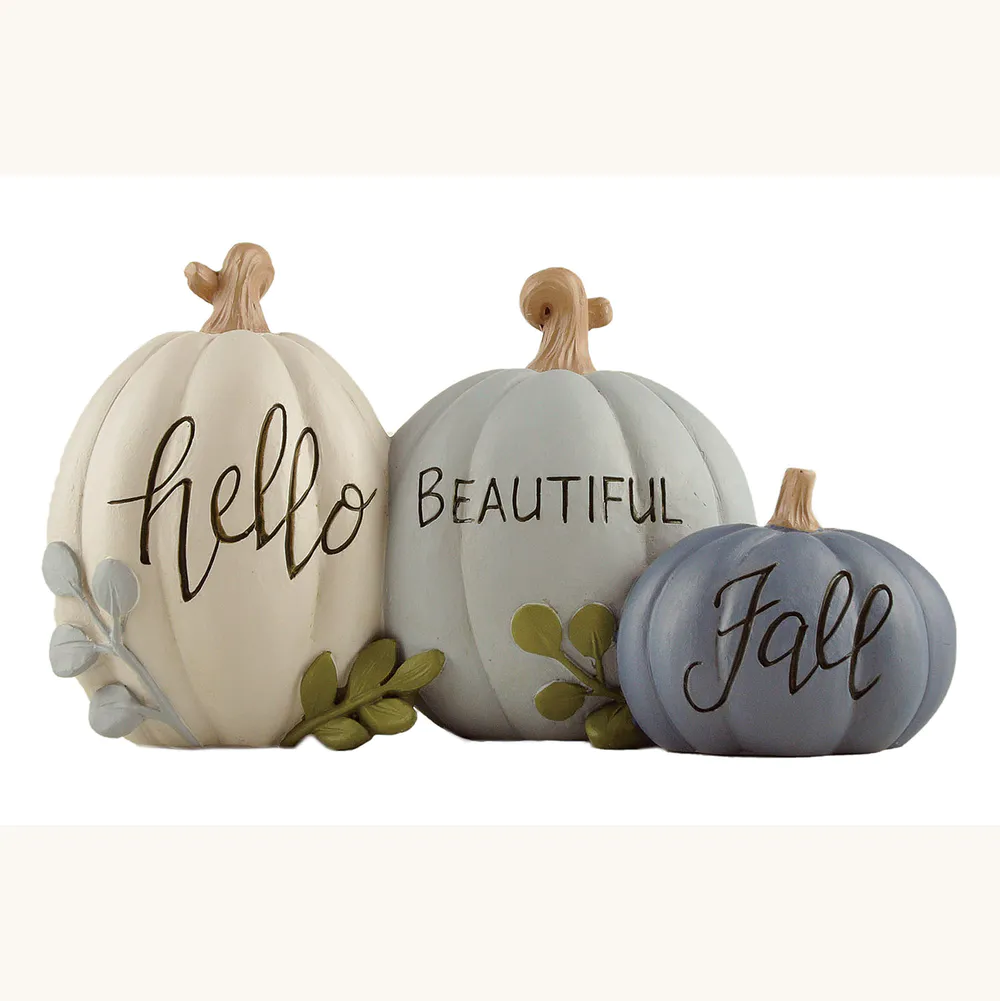 Autumn Elegance: Set of Three Hand-Painted Resin Pumpkins with 'Hello', 'Beautiful', 'Fall' Script - Perfect for Thanksgiving and Seasonal Decor