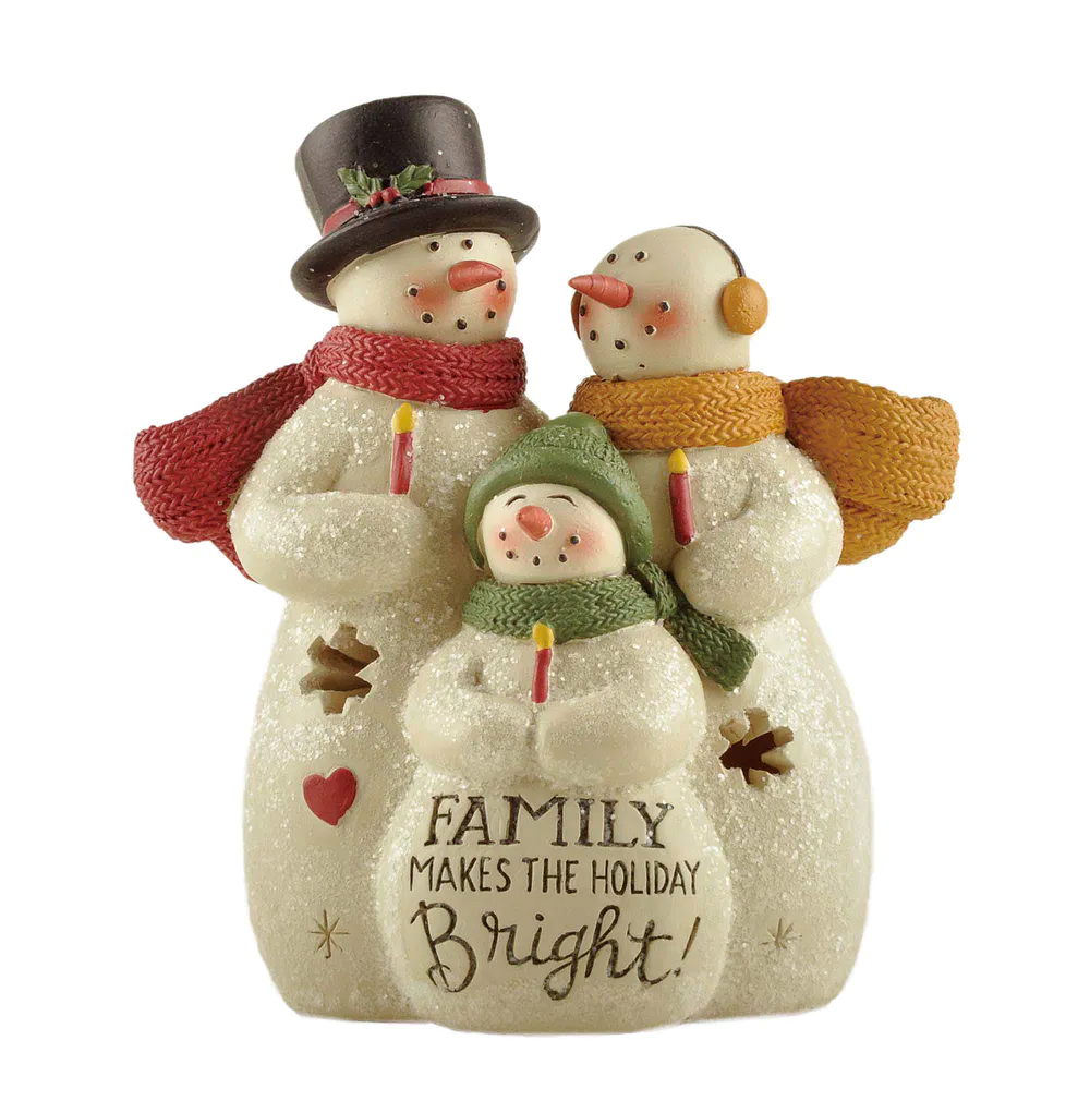 Factory Handmade Enchanting Snowman Family Figurine with Heartwarming Message 'Family Makes the Holiday Bright 238-13796