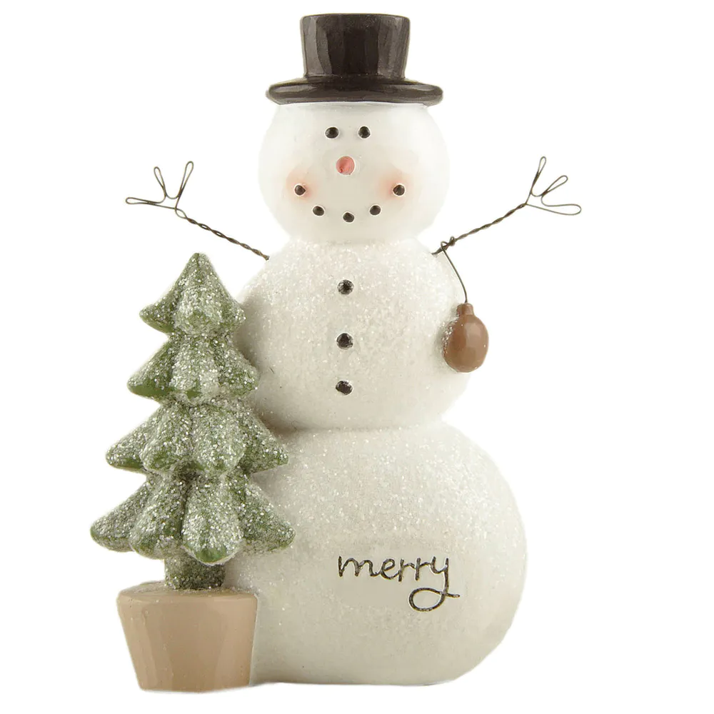 Festive Elegance Hand-Painted Resin Snowman with Glittering Tree, Exuding Holiday Charm with a Simple 'Merry' Inscription for Home Decor 238-13931