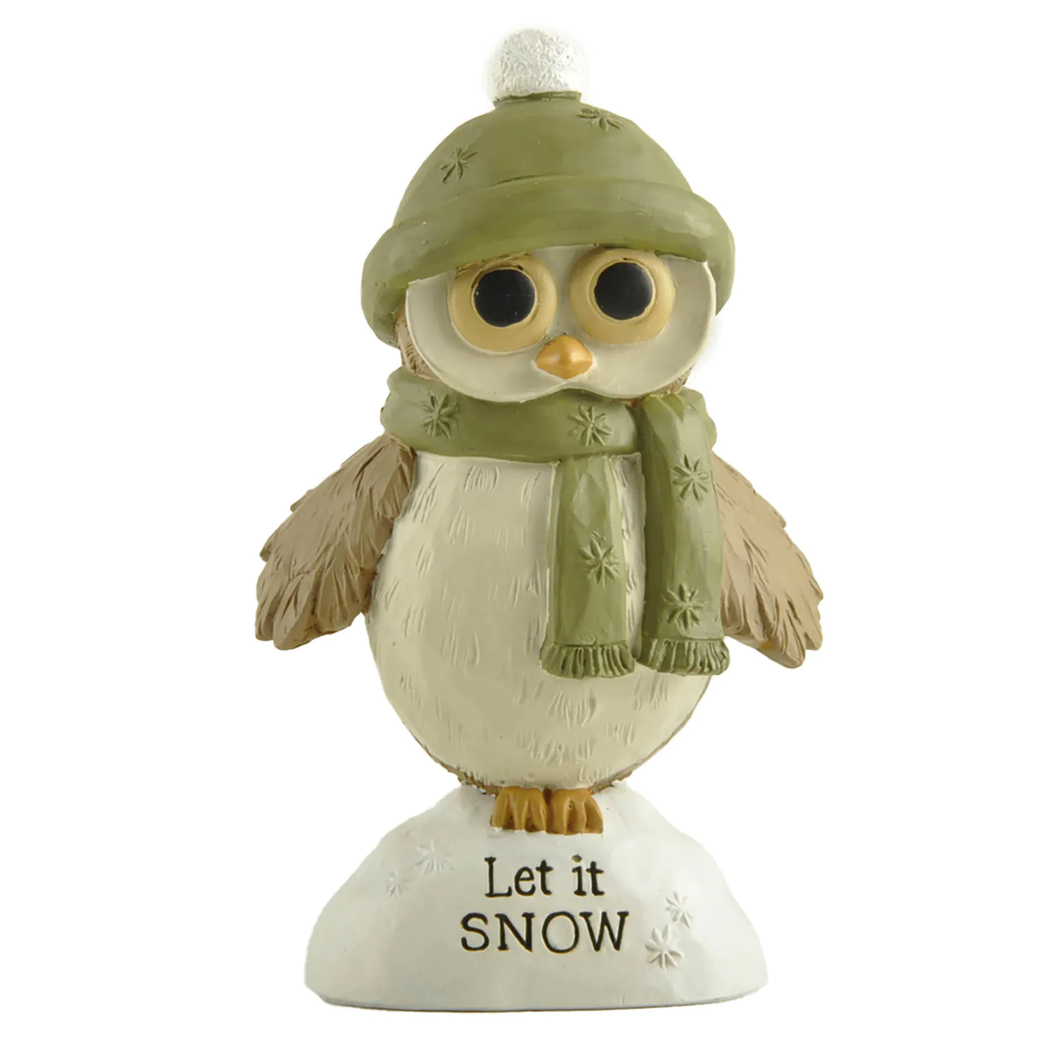 Cute Cartoon Style Resin Owl Statue Winter Holiday Decor with 'Let it SNOW' Base, Green Hat and Scarf Ensemble for Home Decor 238-13894