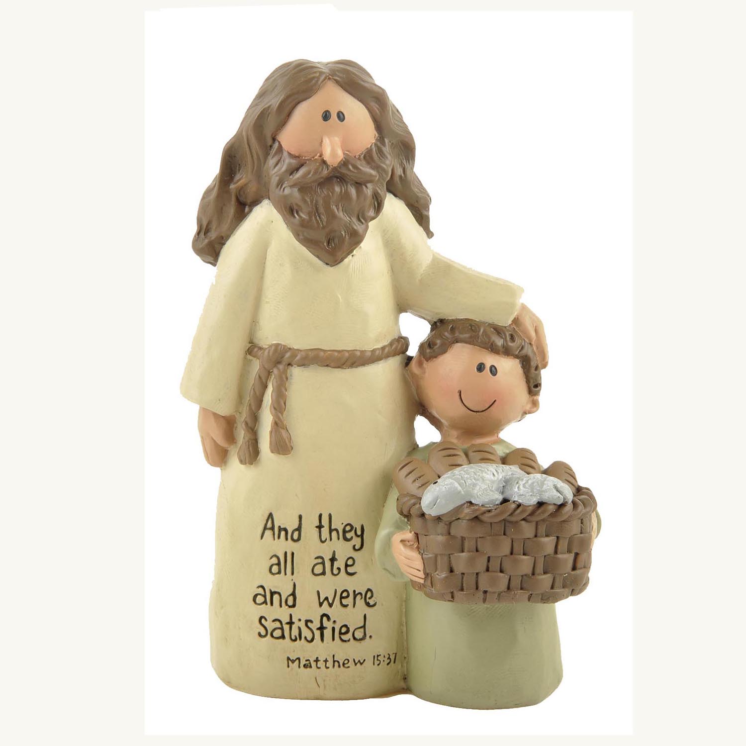 Spiritual Comfort: Bible Story Resin Figurine 'THEY ALL ATE' JESUS & BOY W/BASKET Symbolizing Fulfillment and Blessings1211-87512