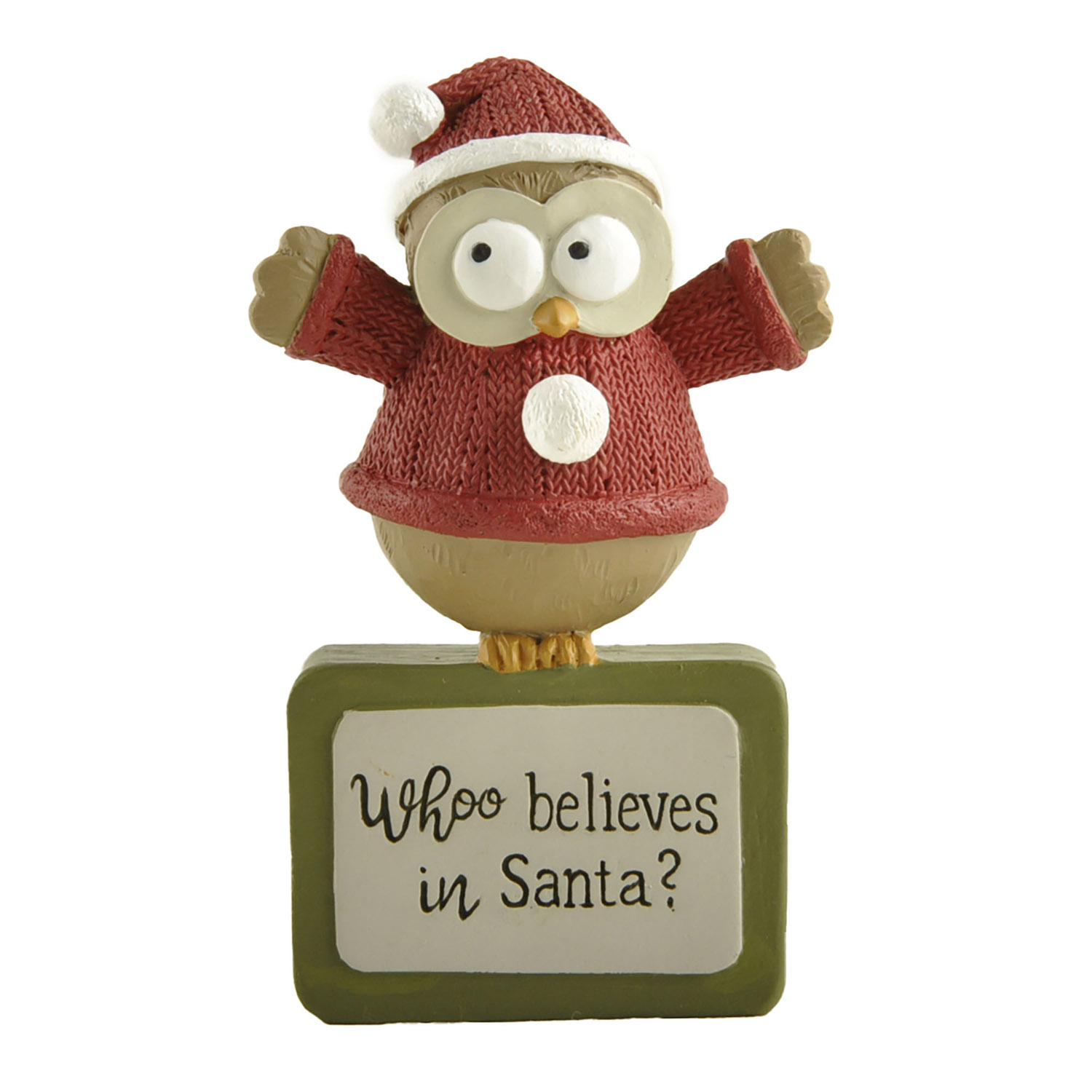 Festive Resin Owl Figurine with 'Whoo Believes in Santa?' Inscription – Cute Christmas Decoration for Holiday Cheer 238-13896