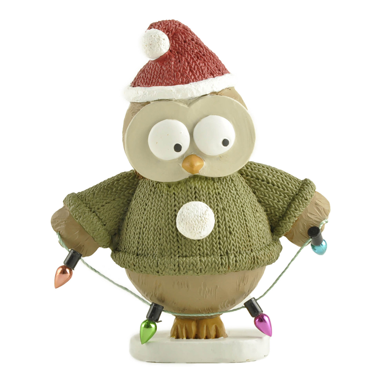 Festive Resin Owl w Santa Cap Holding String of Christmas Lights – Adorable Holiday Decoration for Home and Office 238-13897