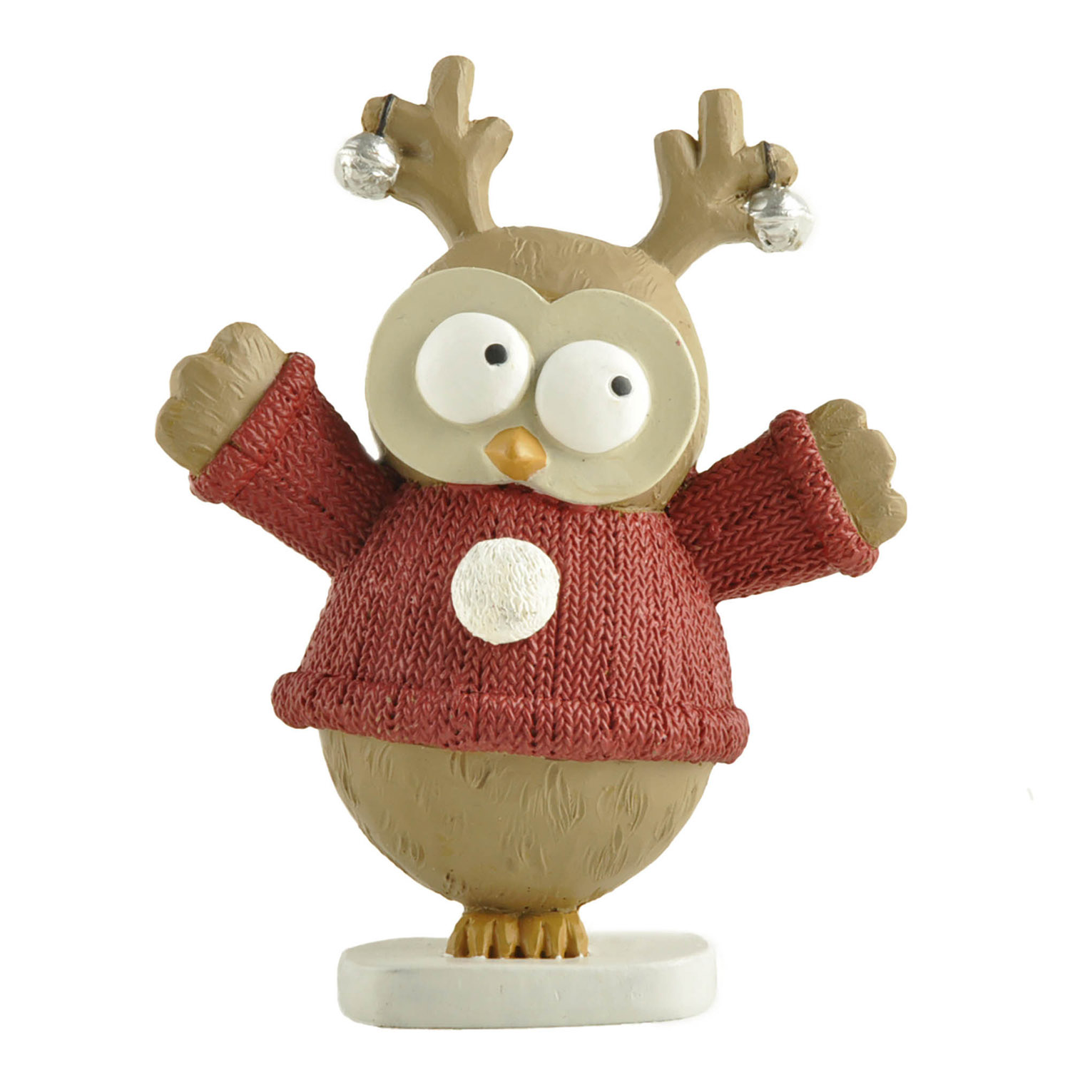Cute Resin Owl Figurine with Reindeer Antlers and Jingle Bells– Festive Christmas Decoration for Home and Office 238-13898