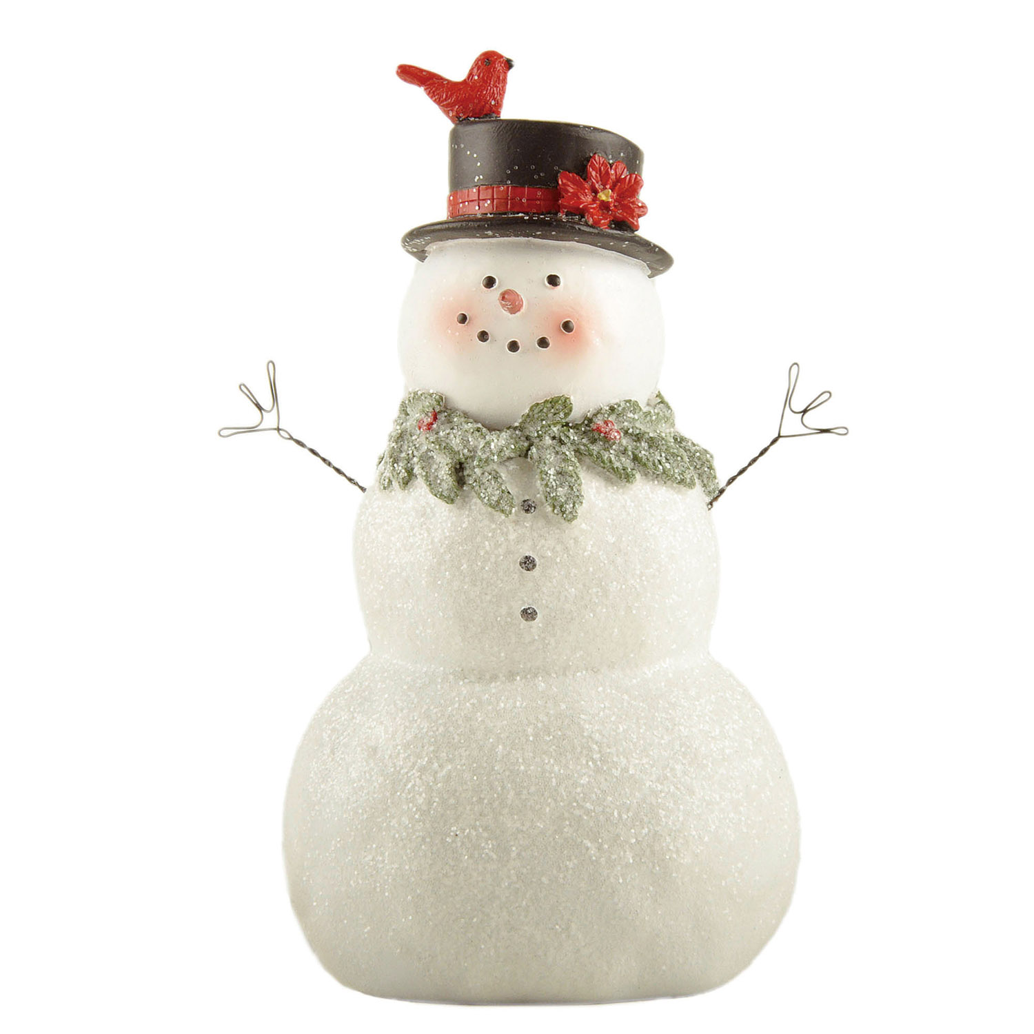 Elegant Resin Snowman Figurine with Top Hat and Red Bird – Sparkling Christmas Decoration for Festive Home Decor 238-13811