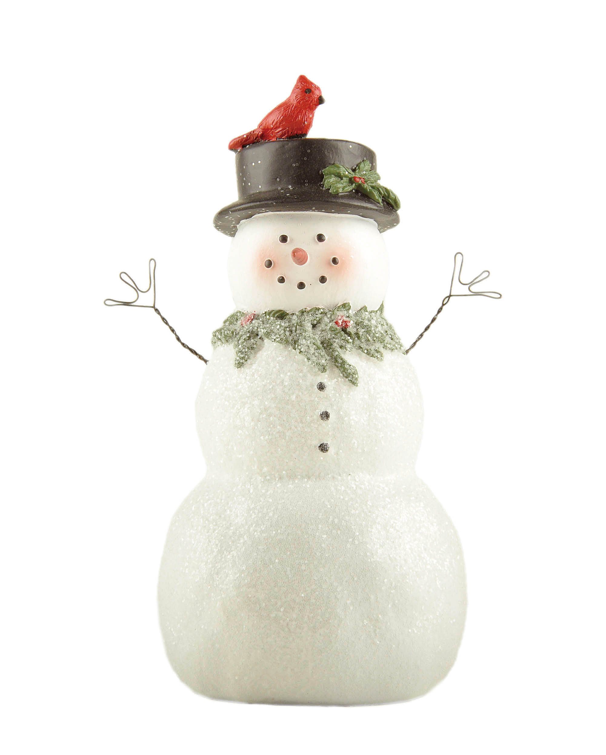 Whimsical Resin Snowman Figurine with Top Hat and Red Bird – Delightful Sparkling Christmas Decoration for Holiday Decor 238-13812