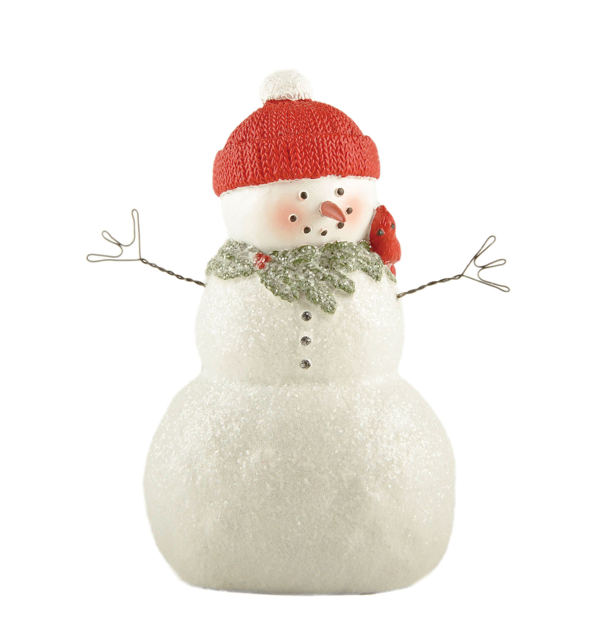Charming Resin Snowman Figurine with Red Knit Hat and Cardinal Bird – Sparkling Christmas Decoration for Festive Home Decor 238-13813