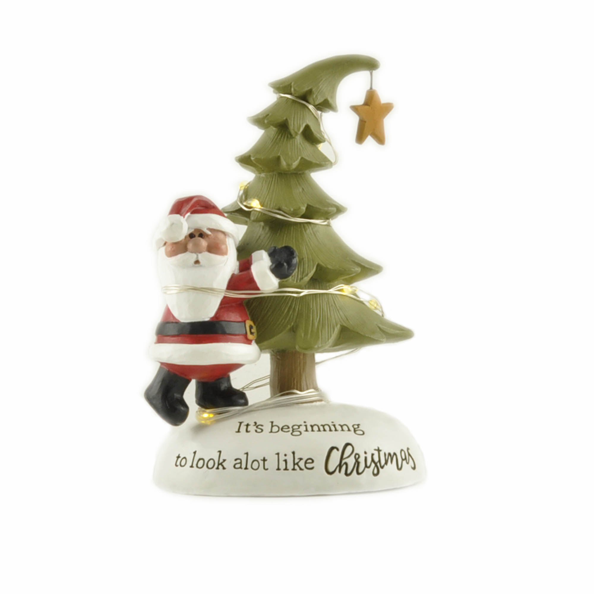 Illuminated Resin Santa and Christmas Tree Figurine with LED Lights – 'It's Beginning to Look a Lot Like Christmas' for Holiday Decor 238-13909