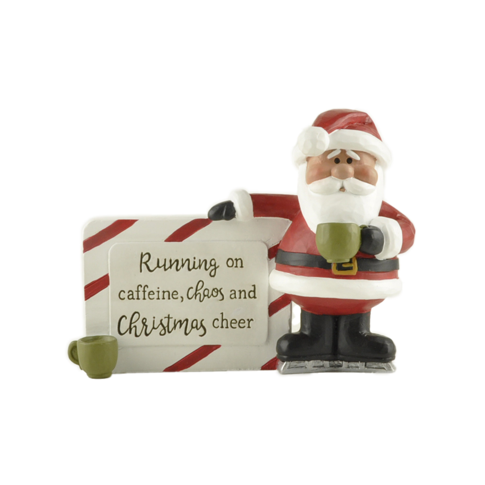 Humorous Resin Santa Figurine with Coffee Mug 'Running on Caffeine, Chaos, and Christmas Cheer' for Playful Holiday Decor 238-13910